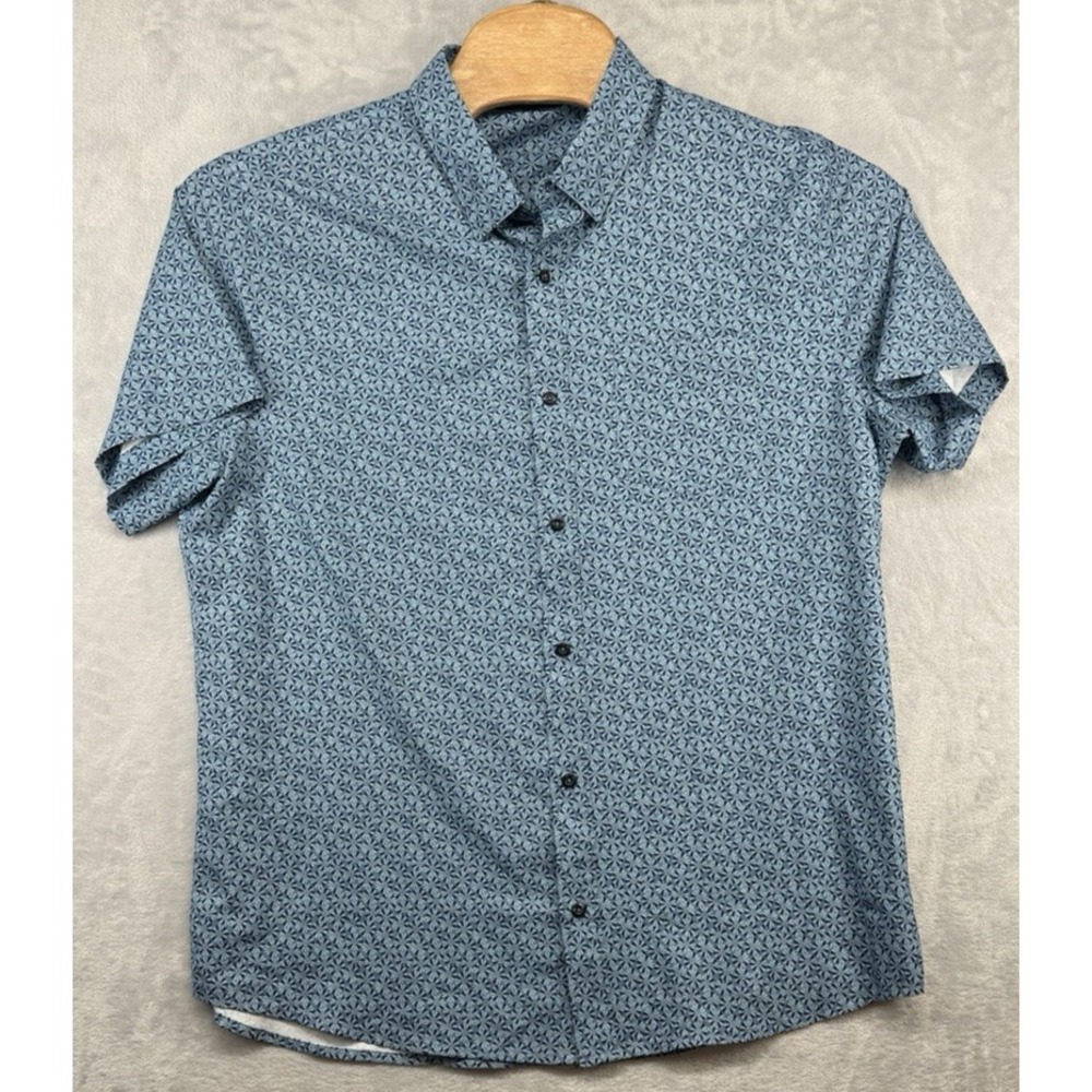 Travis Mathew Short Sleeve Button Down Shirt Blue Geometric Golf Men's Size XL